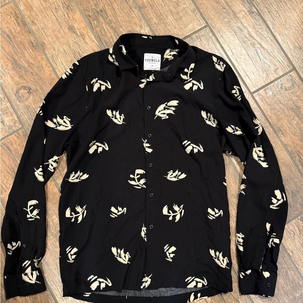 YoungLA Black and Cream Casual Button Down Shirt